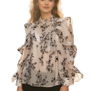 A350 NANCY Elegant Black / White Floral Romantic Vintage Chic Blouse NWT XL